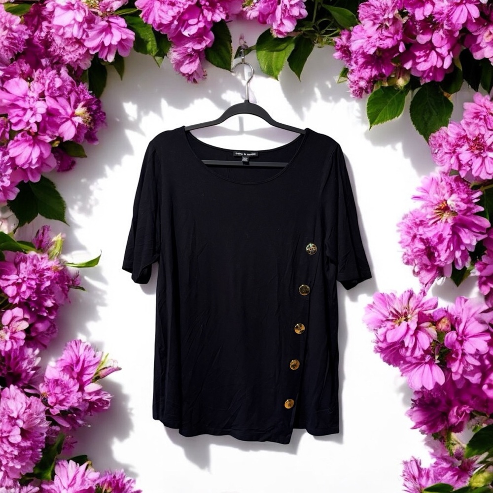 Cable & Gauge Black Short Sleeve T-Shirt with Metallic Gold Buttons